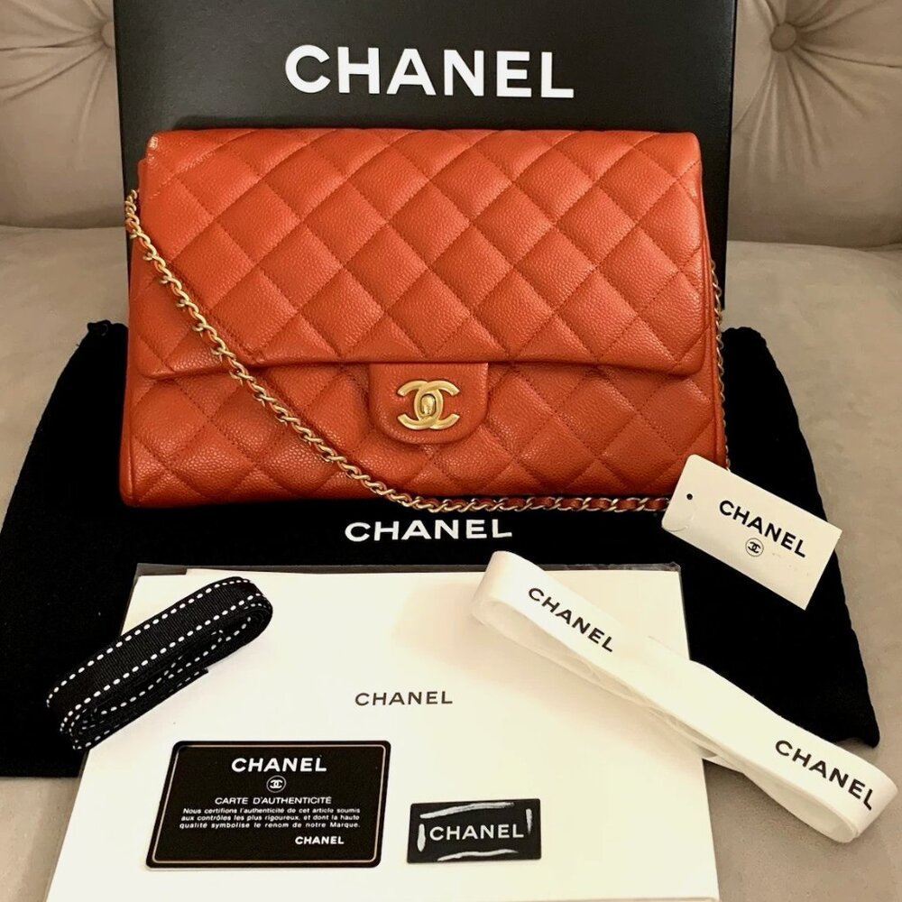 Chanel CC Classic Quilted Leather Flap Shoulder Bag Clutch Orange Gold Shine NIB